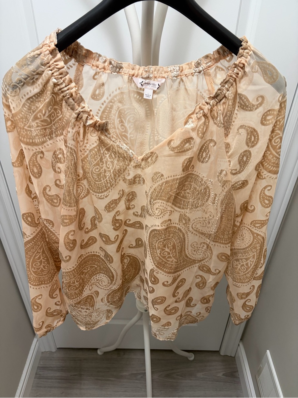 Nanette Lepore Peach and Tan Paisley Sheer Peasant Blouse
